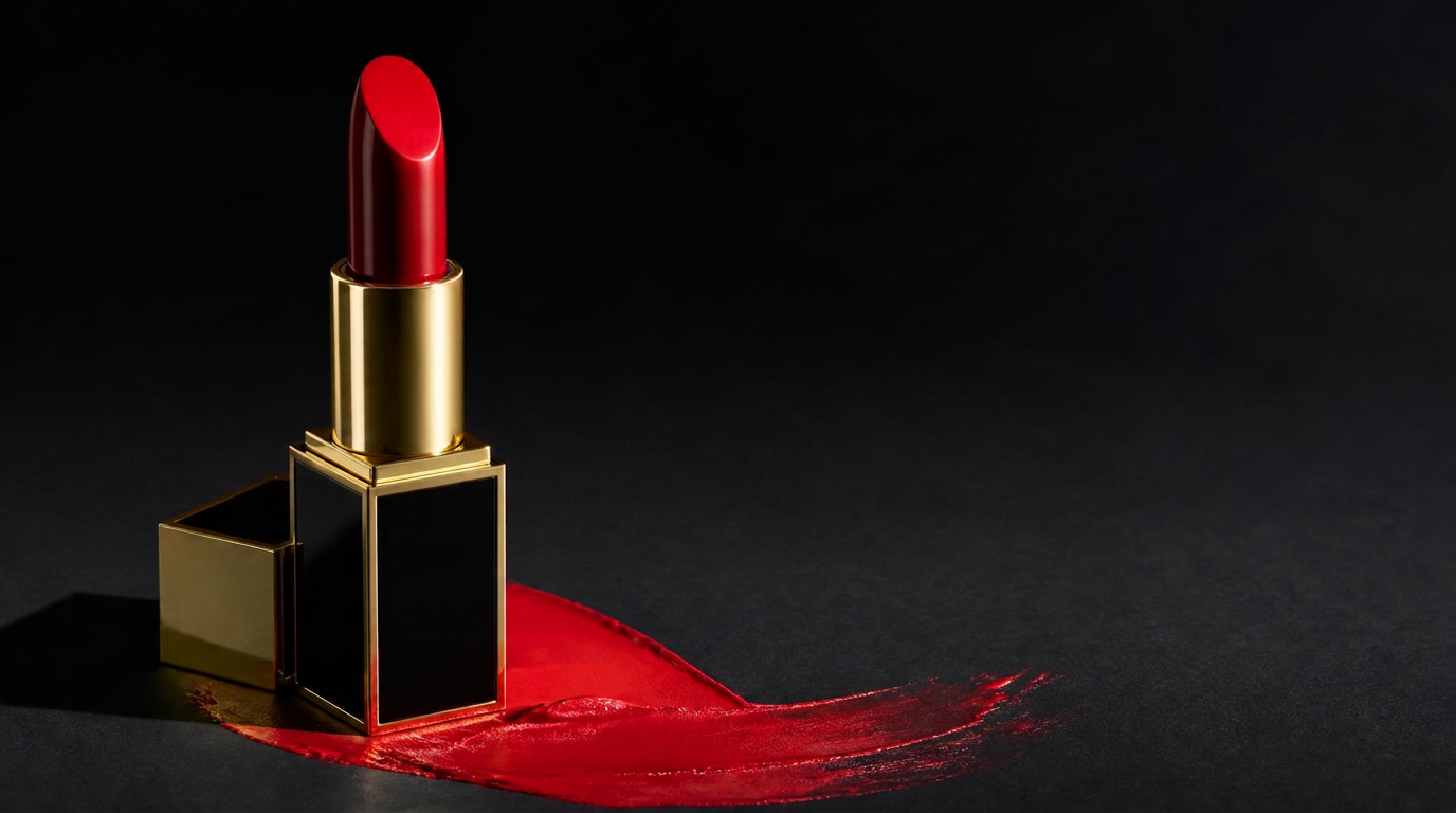 Red lipstick with a glossy swipe on a dark surface